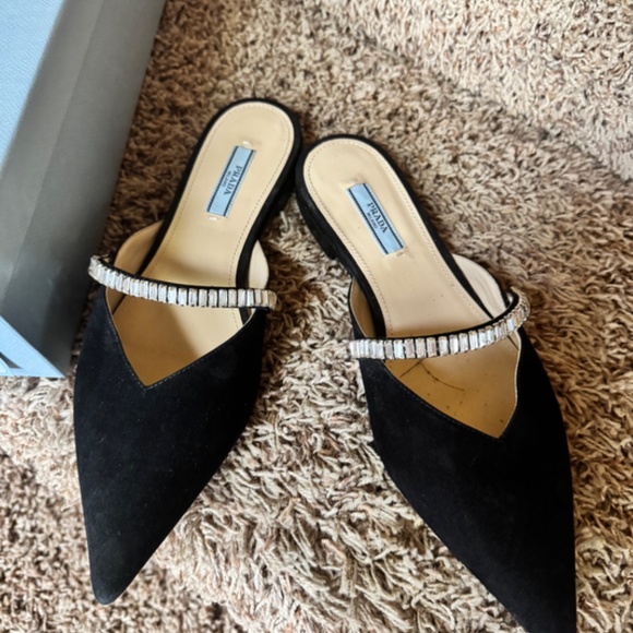 Prada Crystal-embellished V-cut Suede Mules In Black, never worn, size 38 - Picture 3 of 6